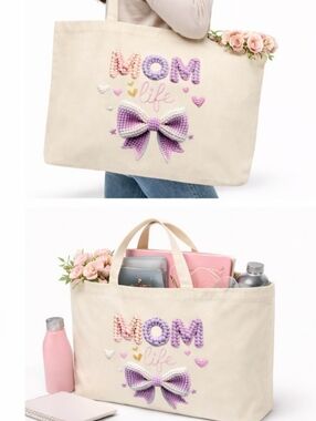 Mom Life Canvas Tote Bag with Pink & Purple Embroidered Bow
